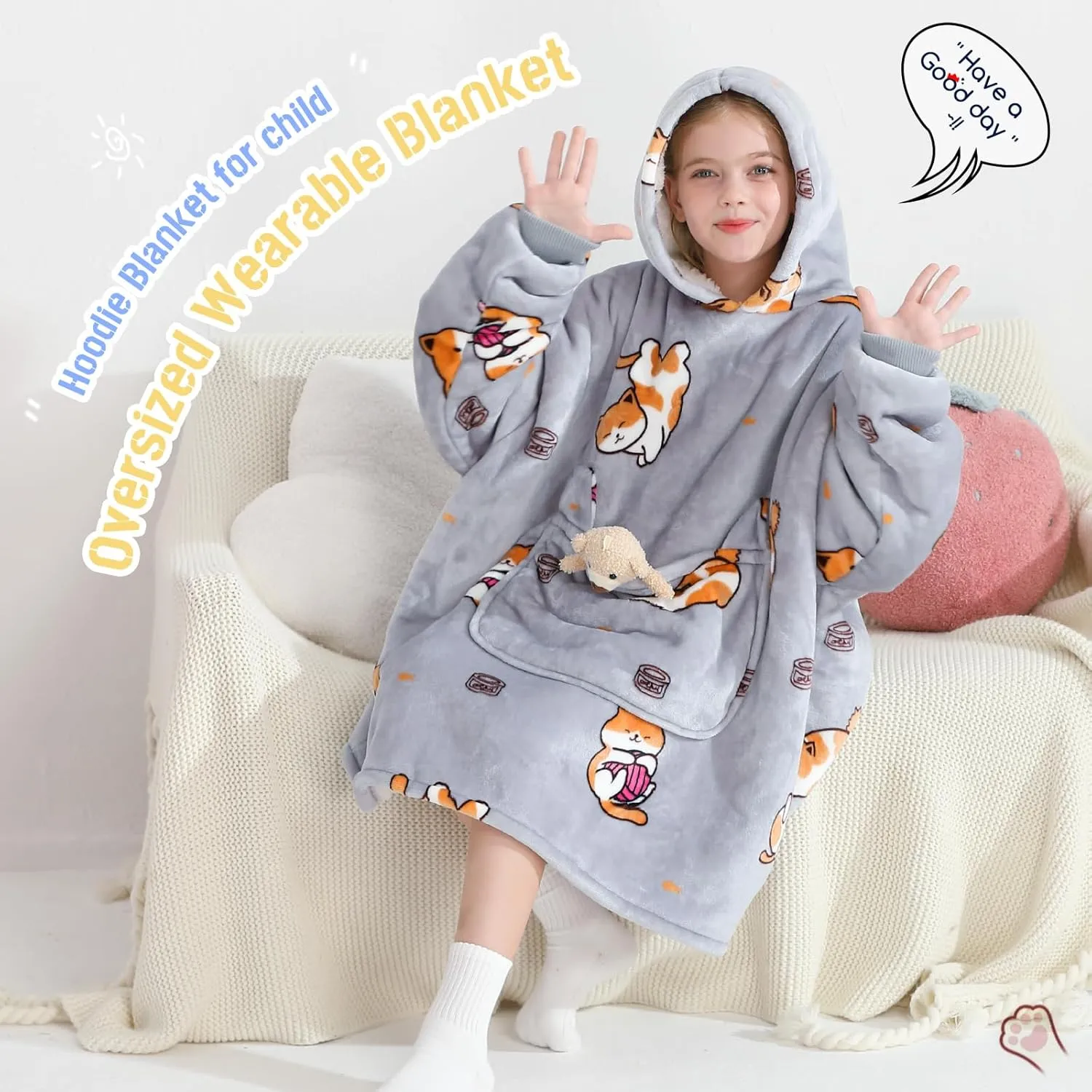 Aemilas Wearable Blanket Hoodie for Kids 6-12 Comfort Oversized Hoodies Blanket Sweatshirt Birthday Gifts, One Size Fits All