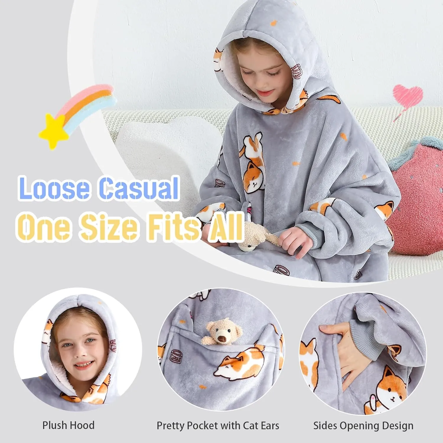 Aemilas Wearable Blanket Hoodie for Kids 6-12 Comfort Oversized Hoodies Blanket Sweatshirt Birthday Gifts, One Size Fits All