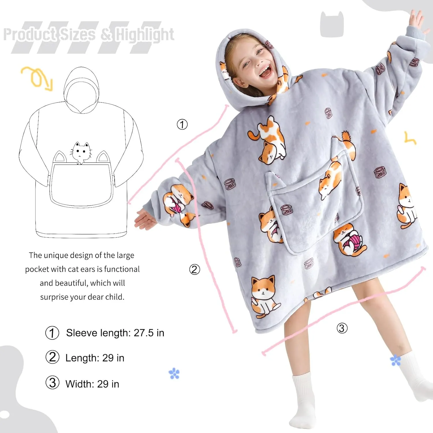 Aemilas Wearable Blanket Hoodie for Kids 6-12 Comfort Oversized Hoodies Blanket Sweatshirt Birthday Gifts, One Size Fits All