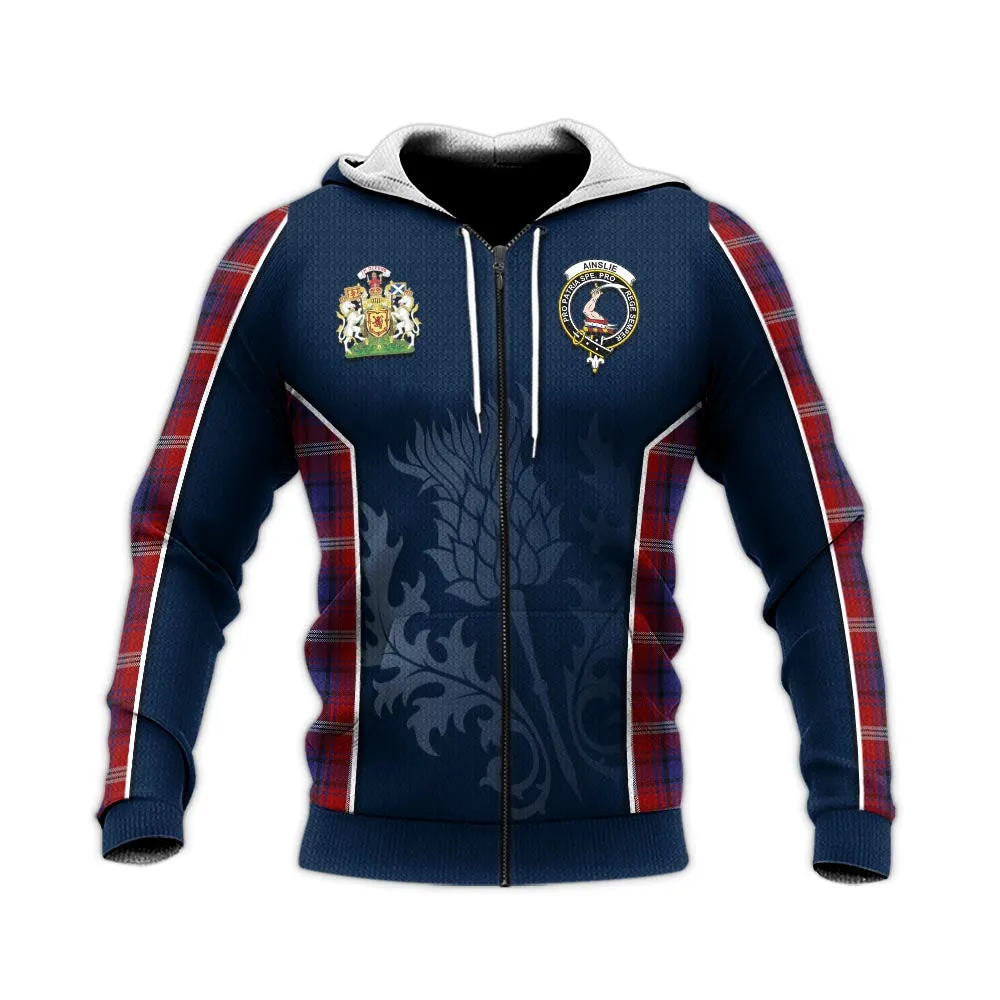 Ainslie Tartan Knitted Hoodie with Family Crest and Scottish Thistle Vibes Sport Style