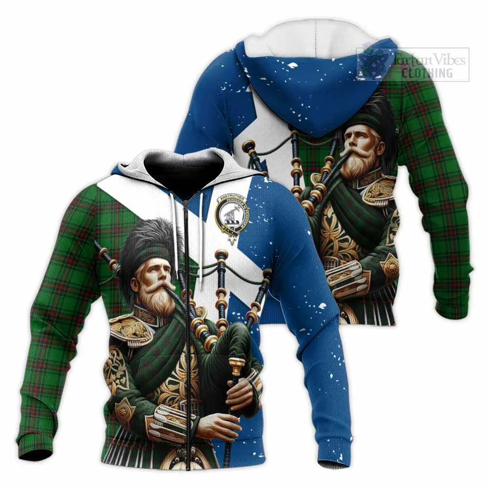 Anstruther Tartan Knitted Hoodie with Family Crest Scottish Bagpiper Vibes