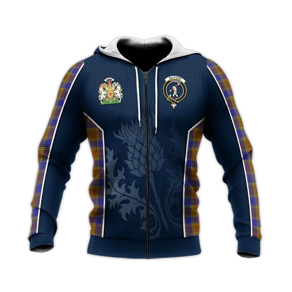 Balfour Tartan Knitted Hoodie with Family Crest and Scottish Thistle Vibes Sport Style