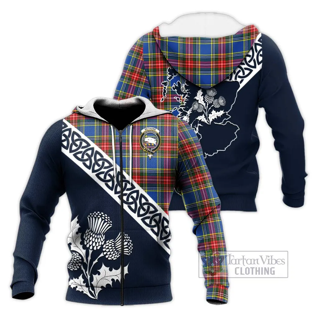 Bethune Tartan Knitted Hoodie Featuring Thistle and Scotland Map