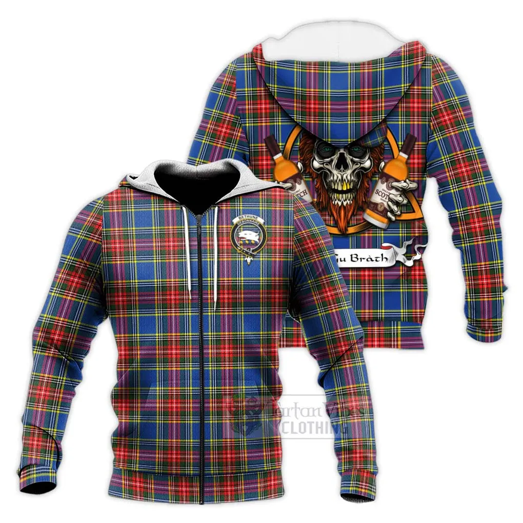 Bethune Tartan Knitted Hoodie with Family Crest and Bearded Skull Holding Bottles of Whiskey