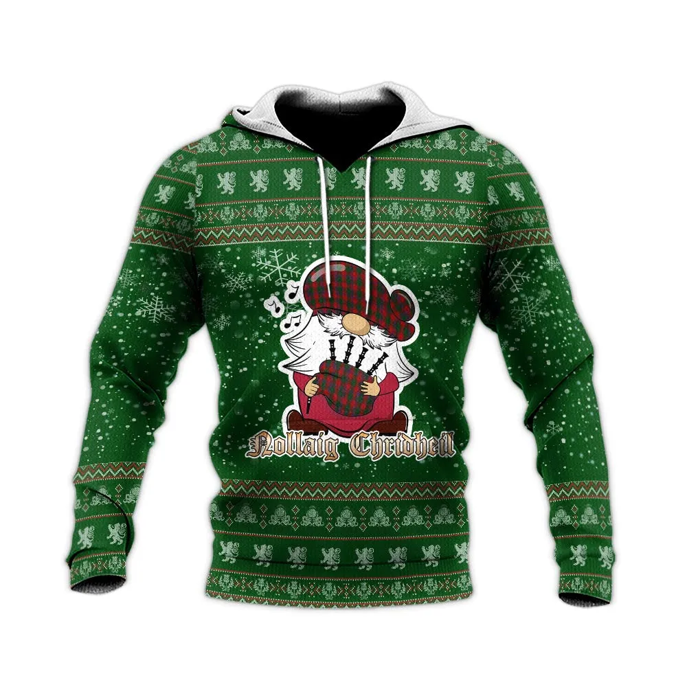 Bruce Old Clan Christmas Knitted Hoodie with Funny Gnome Playing Bagpipes