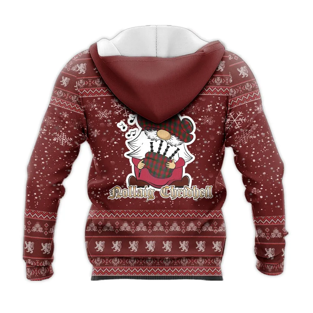 Bruce Old Clan Christmas Knitted Hoodie with Funny Gnome Playing Bagpipes