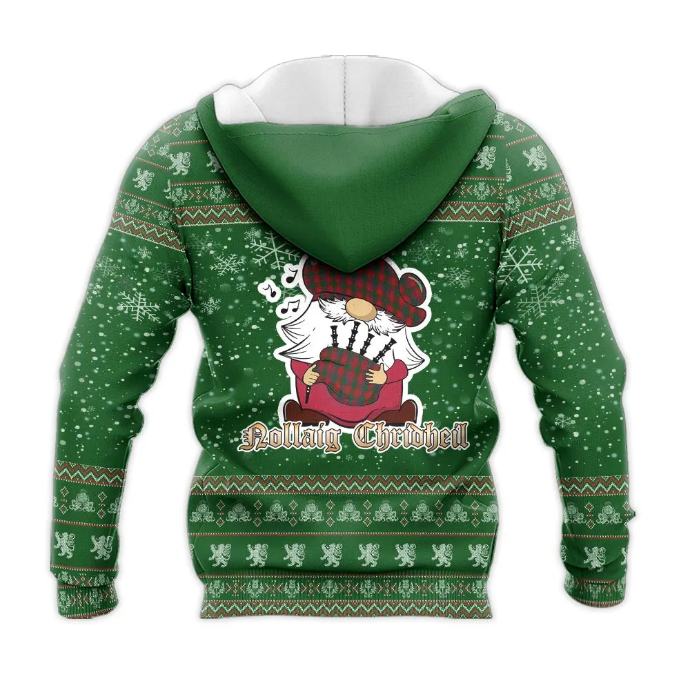 Bruce Old Clan Christmas Knitted Hoodie with Funny Gnome Playing Bagpipes
