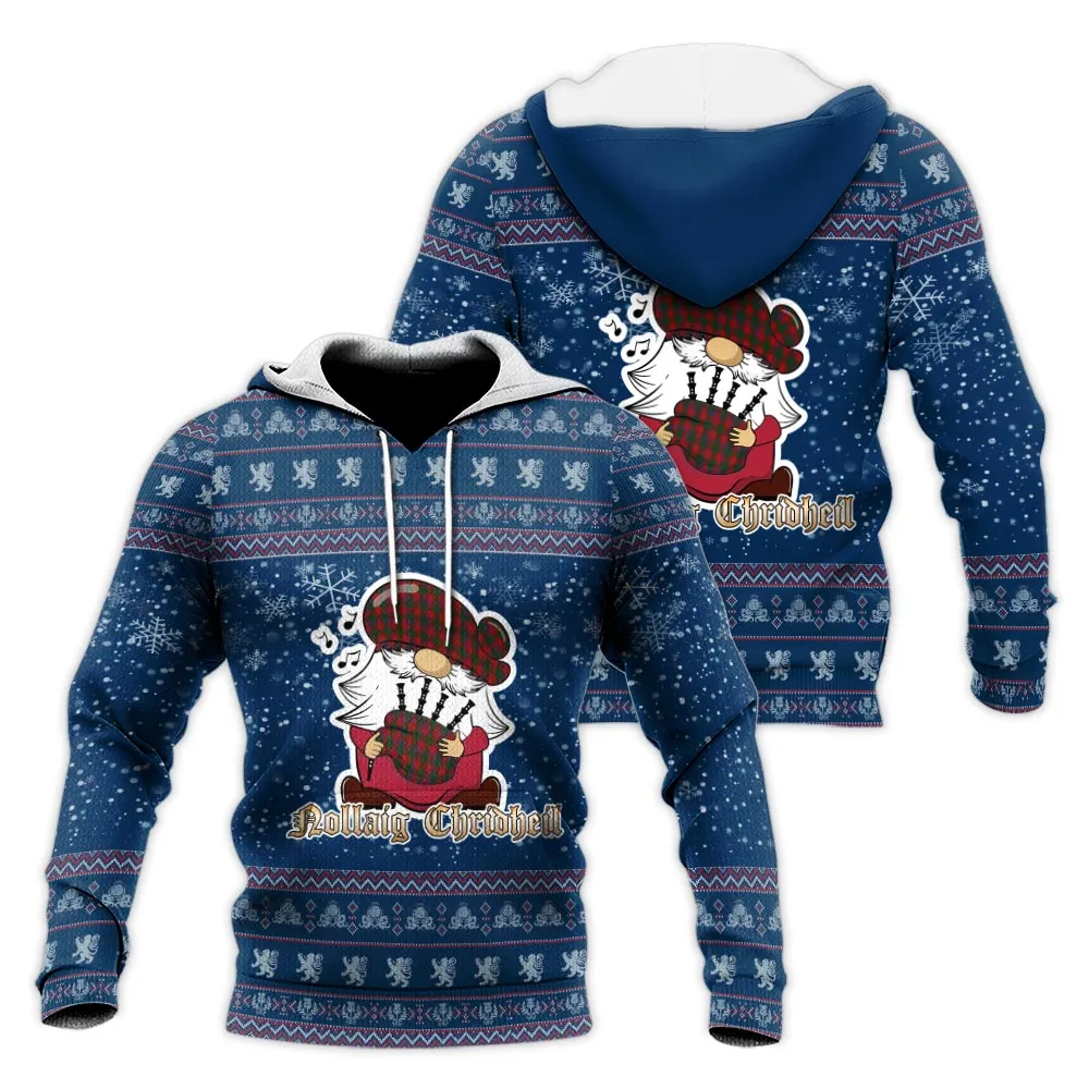Bruce Old Clan Christmas Knitted Hoodie with Funny Gnome Playing Bagpipes