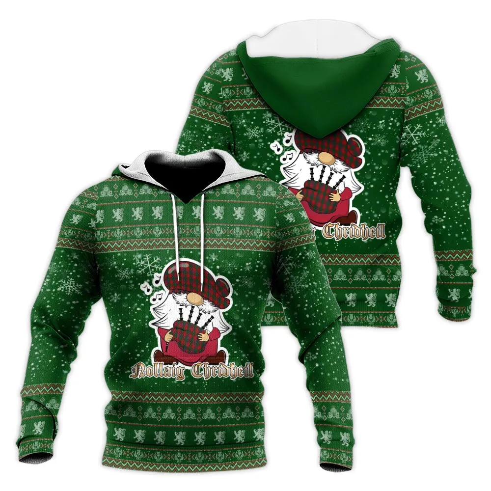 Bruce Old Clan Christmas Knitted Hoodie with Funny Gnome Playing Bagpipes