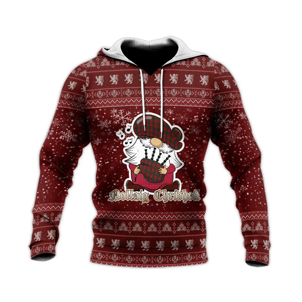 Bruce Old Clan Christmas Knitted Hoodie with Funny Gnome Playing Bagpipes