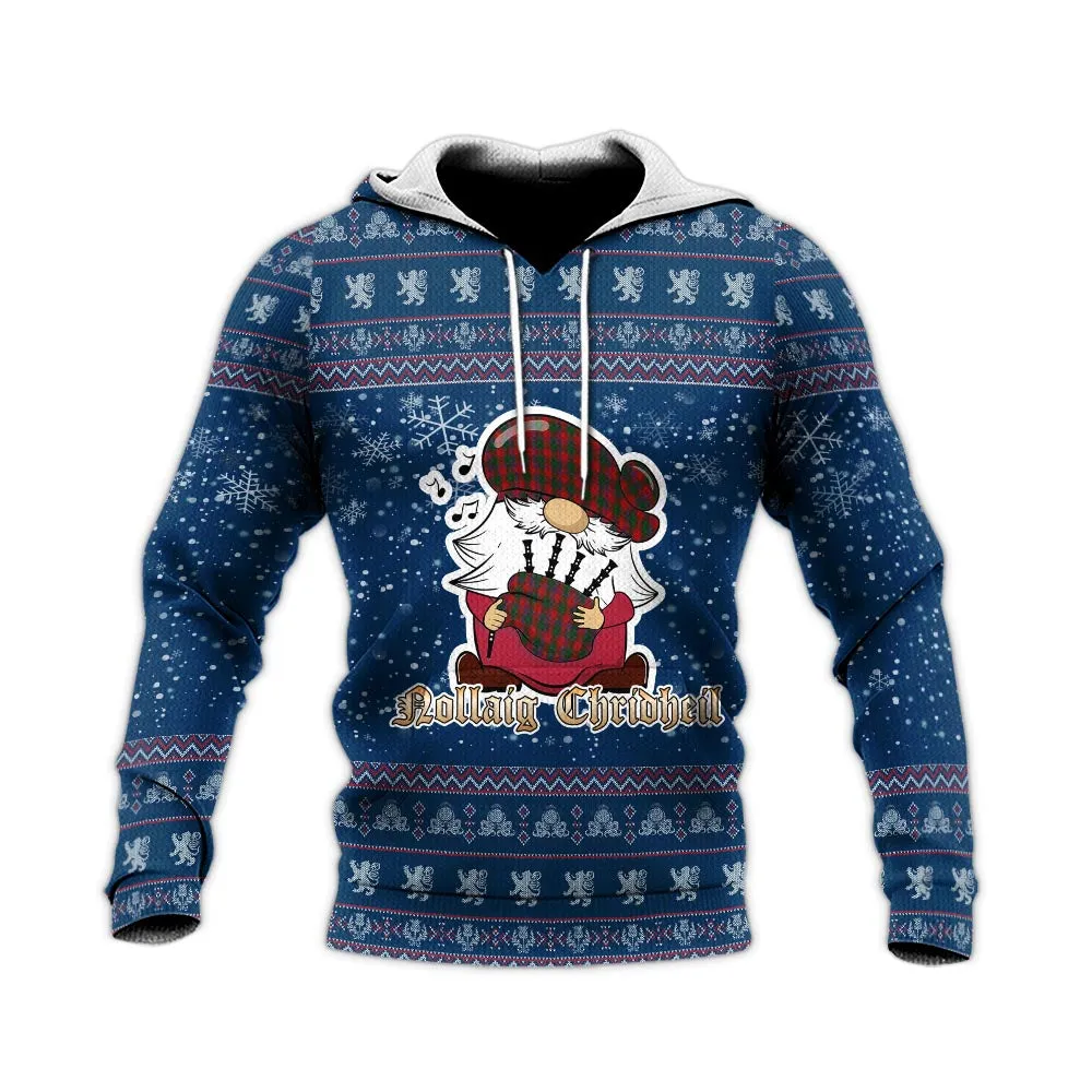 Bruce Old Clan Christmas Knitted Hoodie with Funny Gnome Playing Bagpipes