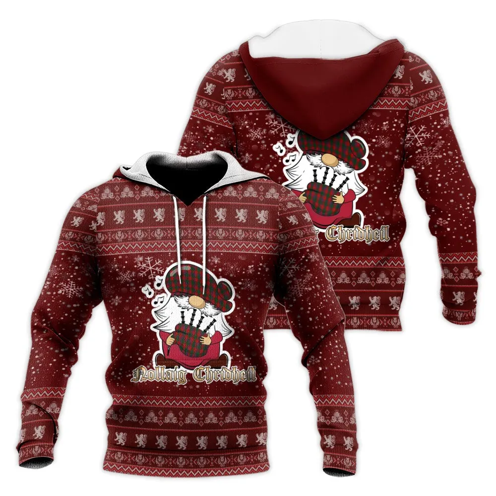 Bruce Old Clan Christmas Knitted Hoodie with Funny Gnome Playing Bagpipes