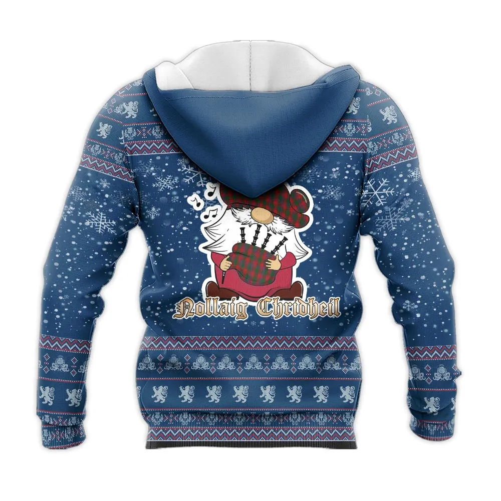 Bruce Old Clan Christmas Knitted Hoodie with Funny Gnome Playing Bagpipes