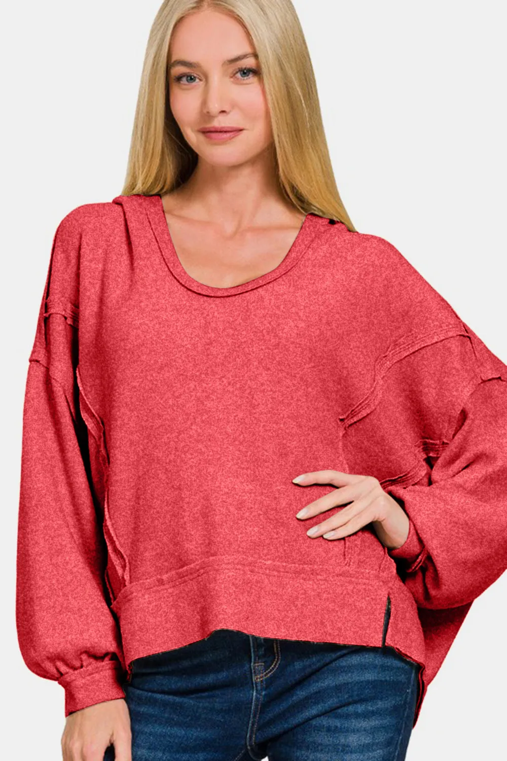 Brushed Hacci Exposed Seam Hoodie - Red