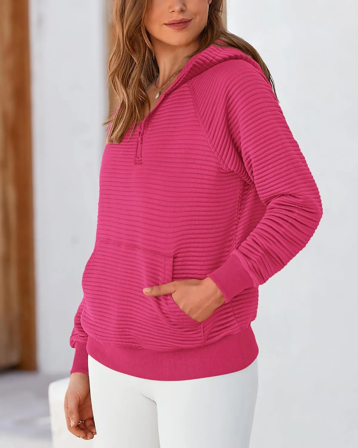 BTFBM Womens 2024 Fall Fashion Casual Hoodies Quarter Zip Sweatshirts Casual Long Sleeve V Neck Solid Pullover Tops