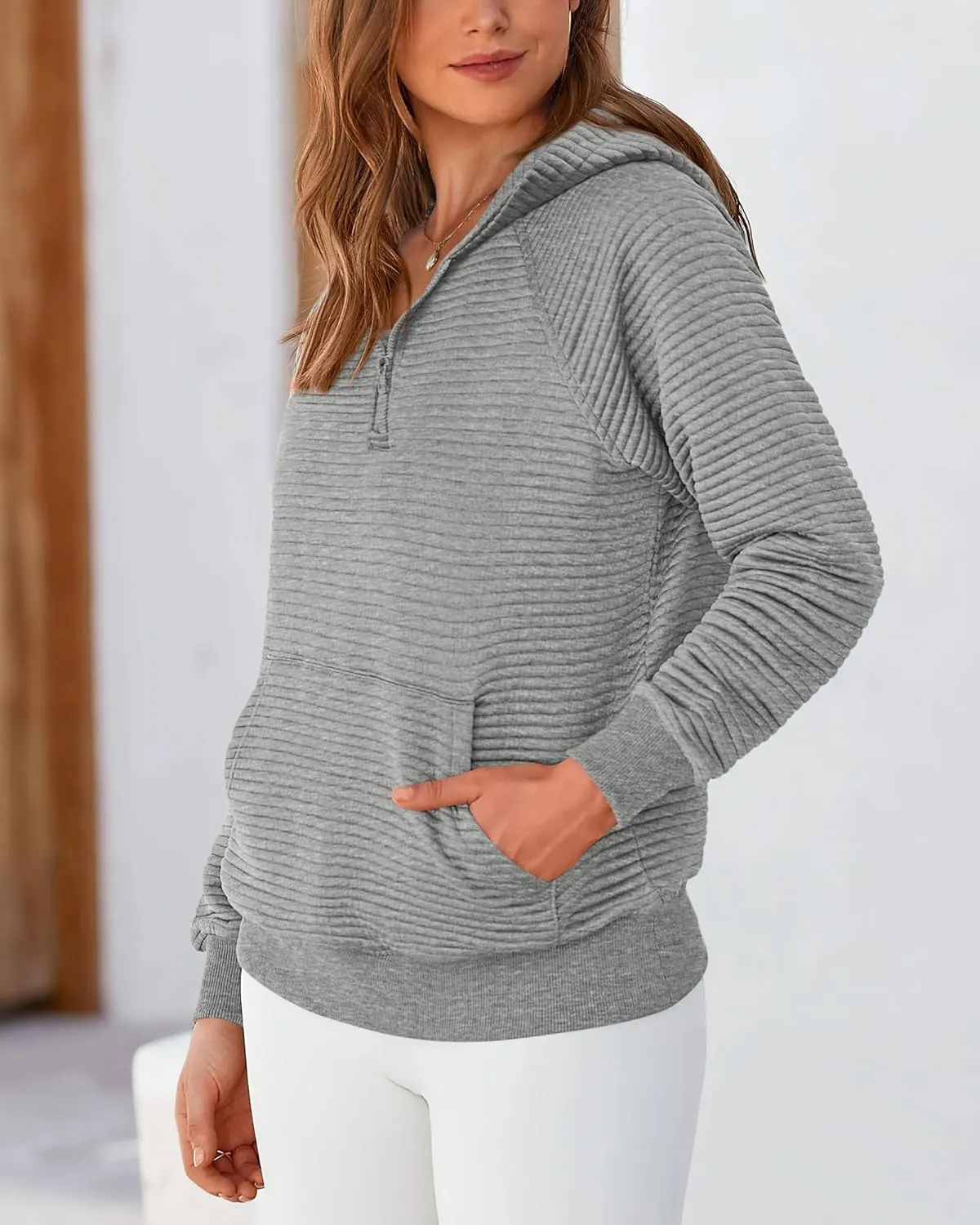 BTFBM Womens 2024 Fall Fashion Casual Hoodies Quarter Zip Sweatshirts Casual Long Sleeve V Neck Solid Pullover Tops