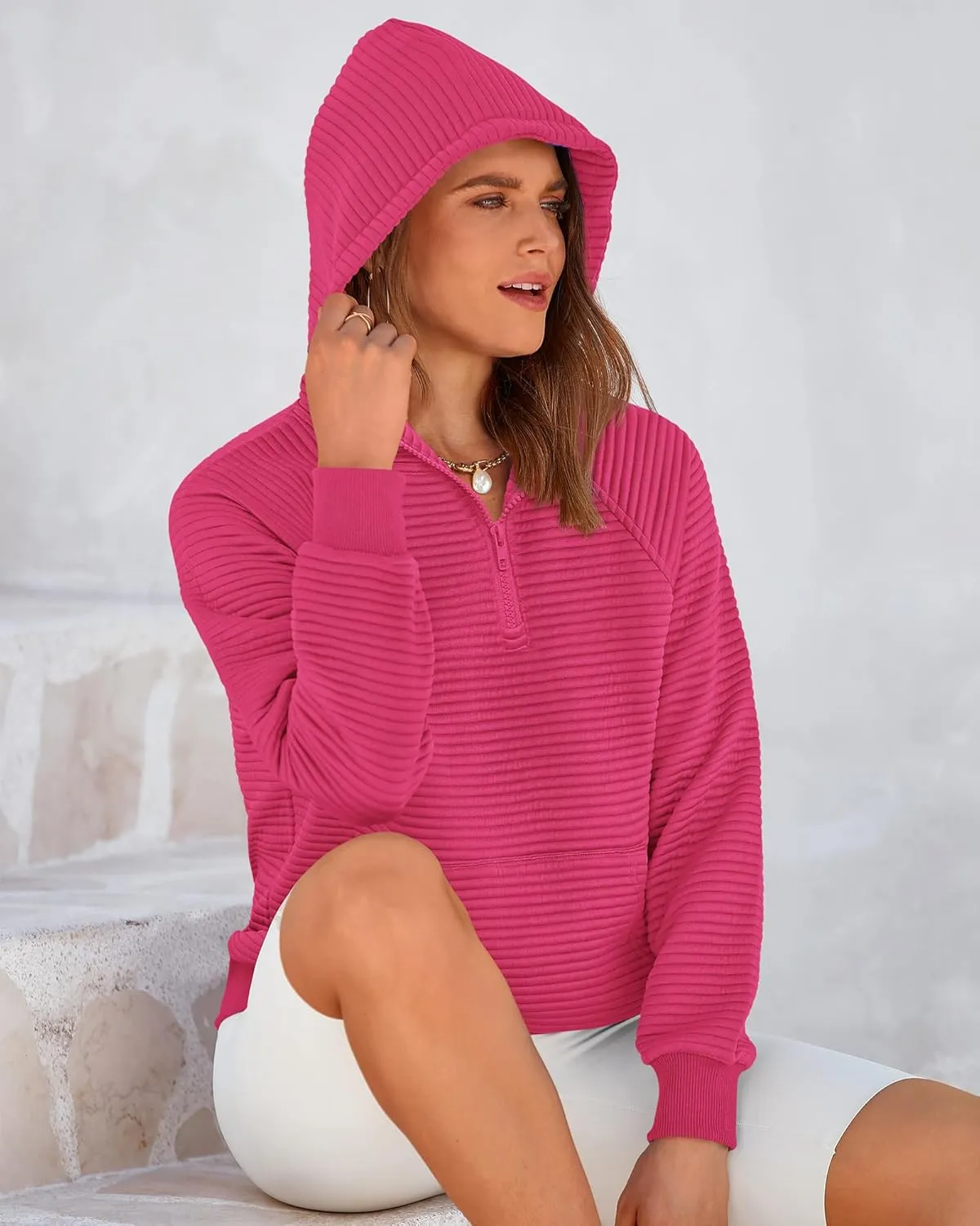 BTFBM Womens 2024 Fall Fashion Casual Hoodies Quarter Zip Sweatshirts Casual Long Sleeve V Neck Solid Pullover Tops
