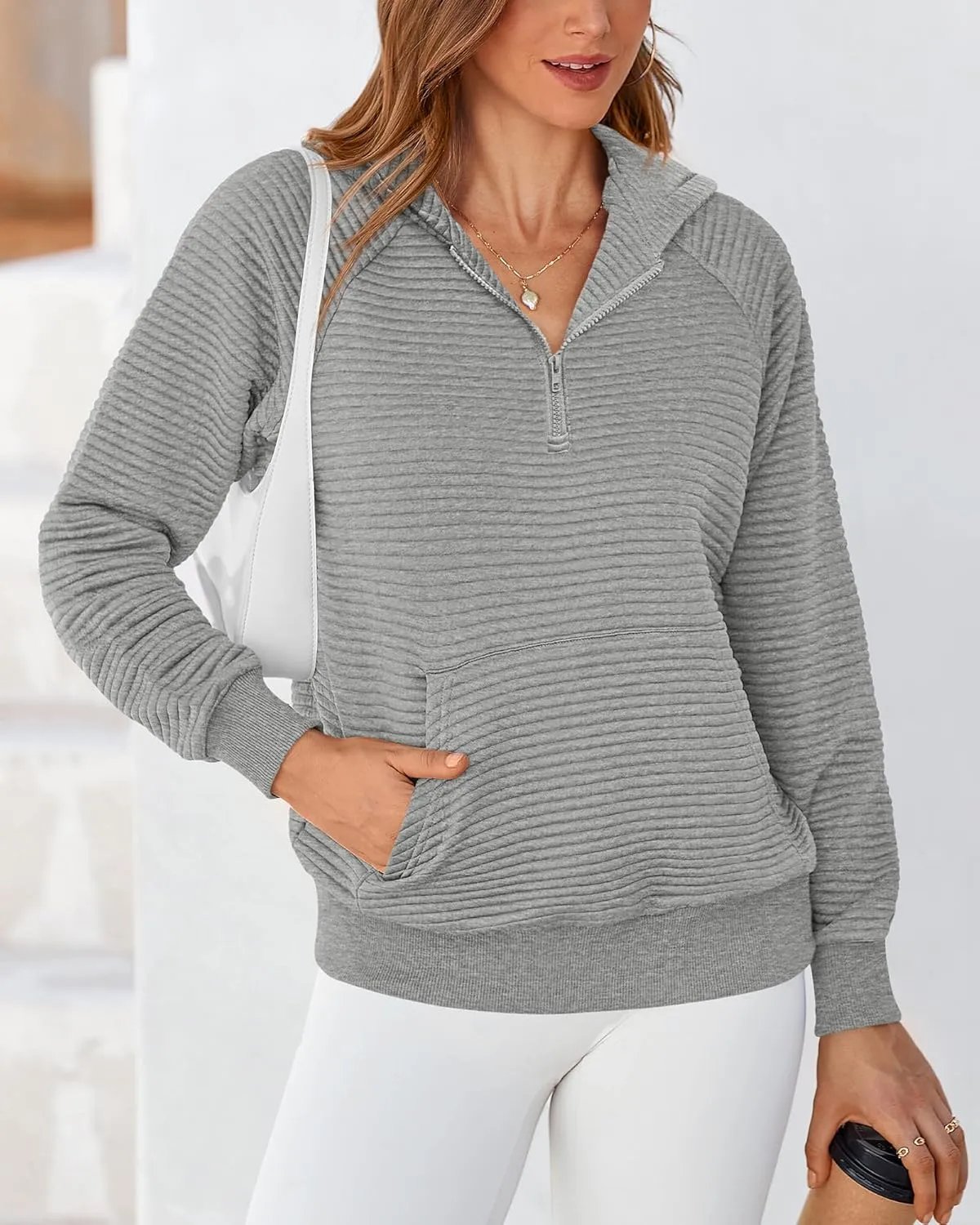 BTFBM Womens 2024 Fall Fashion Casual Hoodies Quarter Zip Sweatshirts Casual Long Sleeve V Neck Solid Pullover Tops