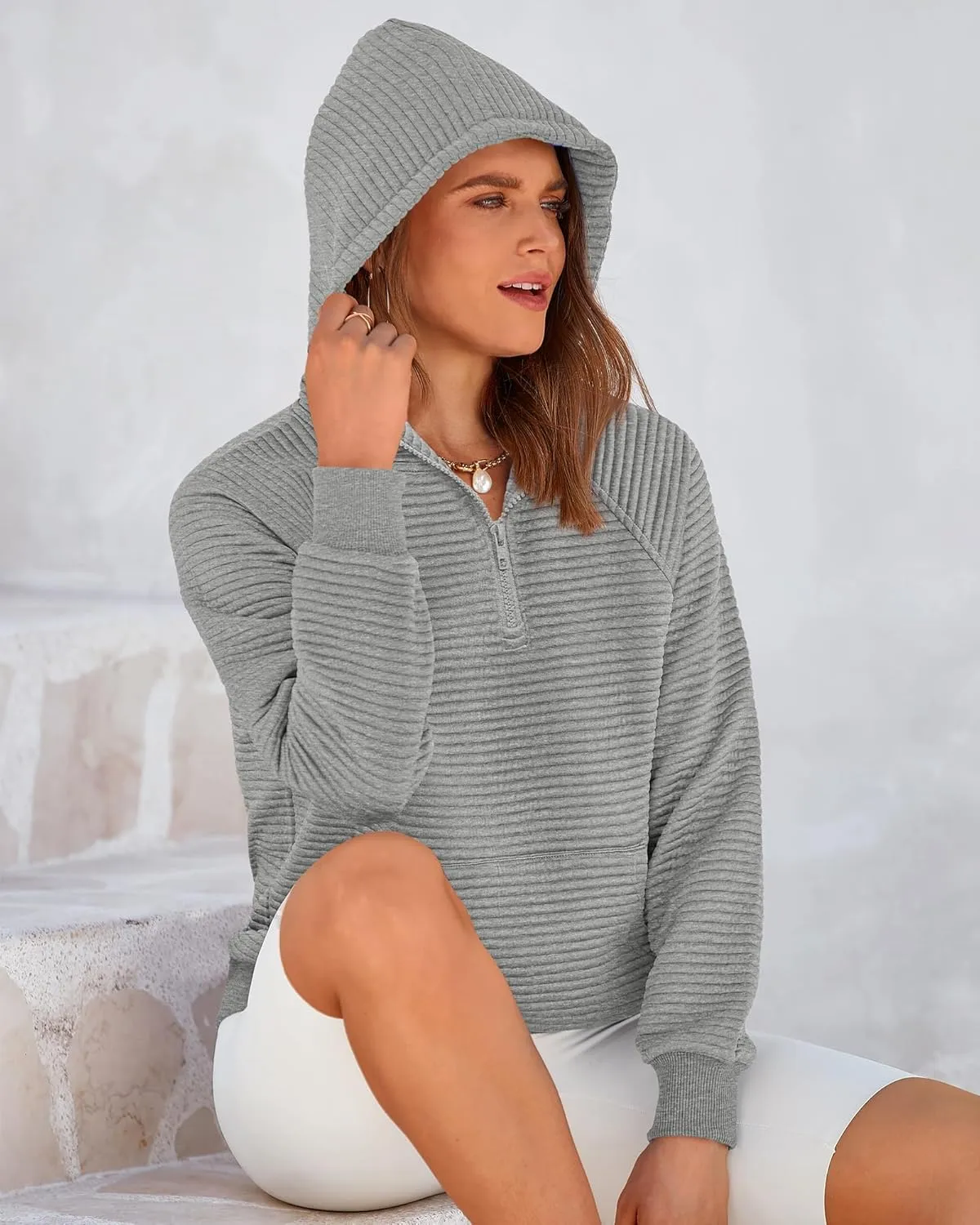 BTFBM Womens 2024 Fall Fashion Casual Hoodies Quarter Zip Sweatshirts Casual Long Sleeve V Neck Solid Pullover Tops