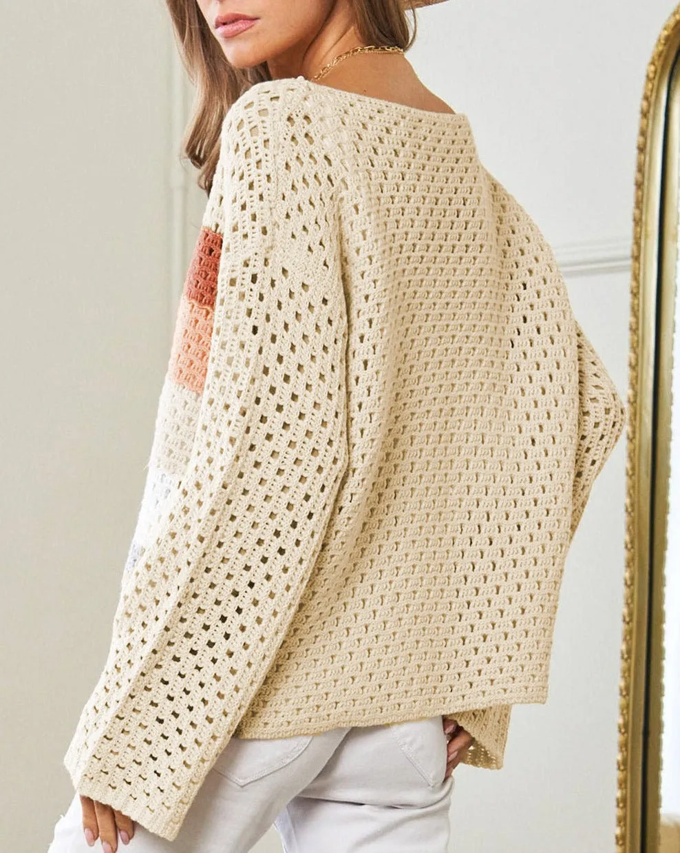 Colorblock Pointelle Knit Baggy Sweater