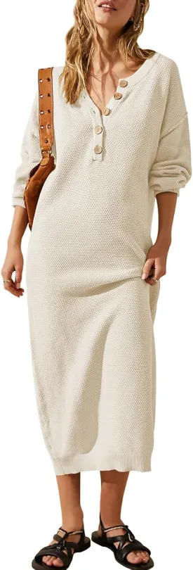Cutiefox Women's Fall Winter Sweater Long Dress Button V Neck Batwing Long Sleeve Oversized Waffle Knit Dresses