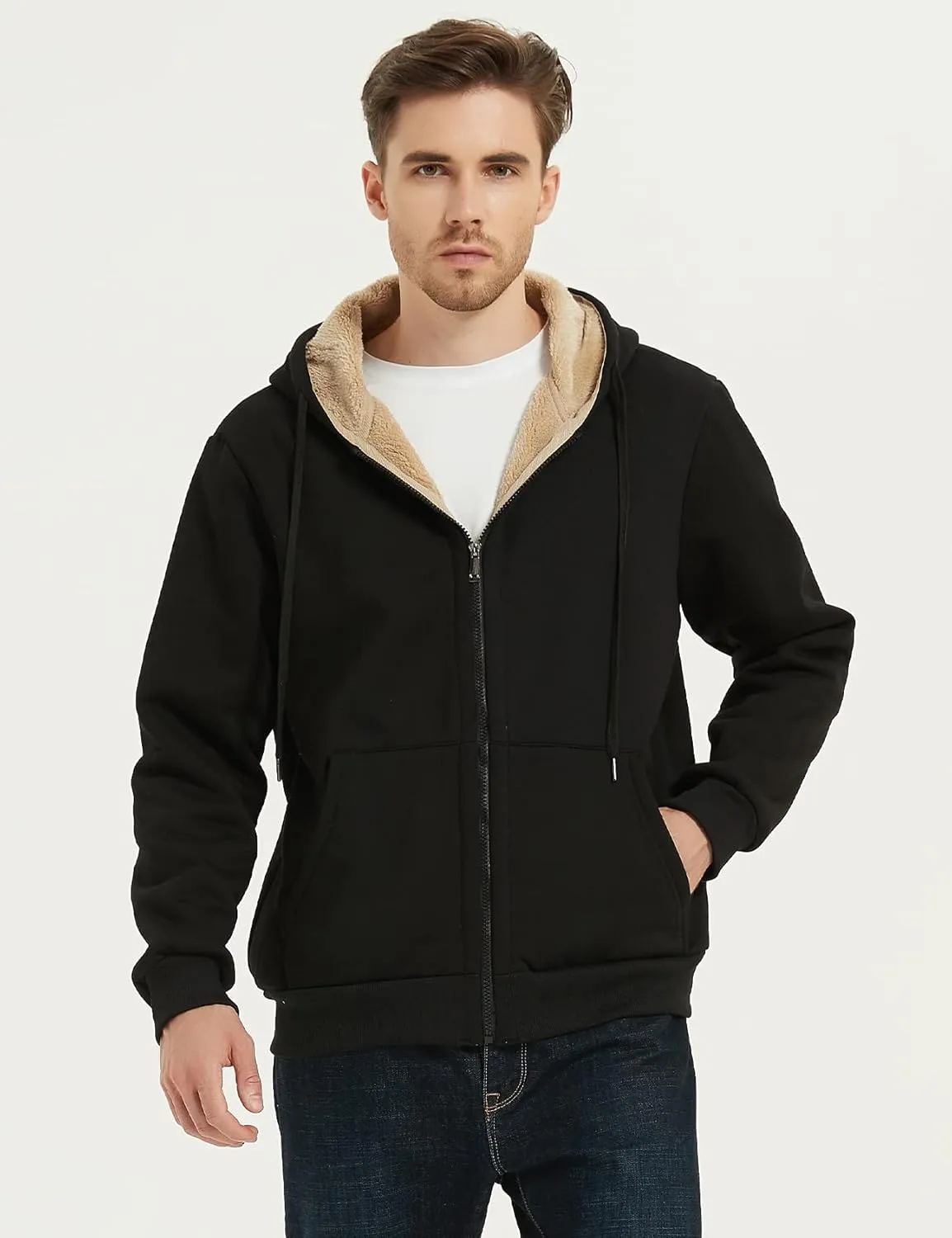 Flygo Men's Sherpa Hoodie Jacket Fleece Lined Zip Up Warm Hoodies Sweatshirt Winter Zipper Sweater Hooded Coat