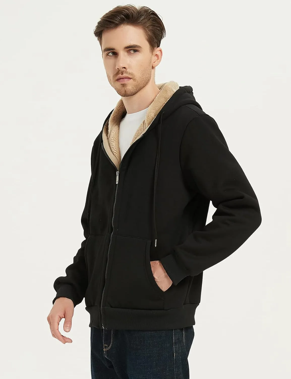 Flygo Men's Sherpa Hoodie Jacket Fleece Lined Zip Up Warm Hoodies Sweatshirt Winter Zipper Sweater Hooded Coat