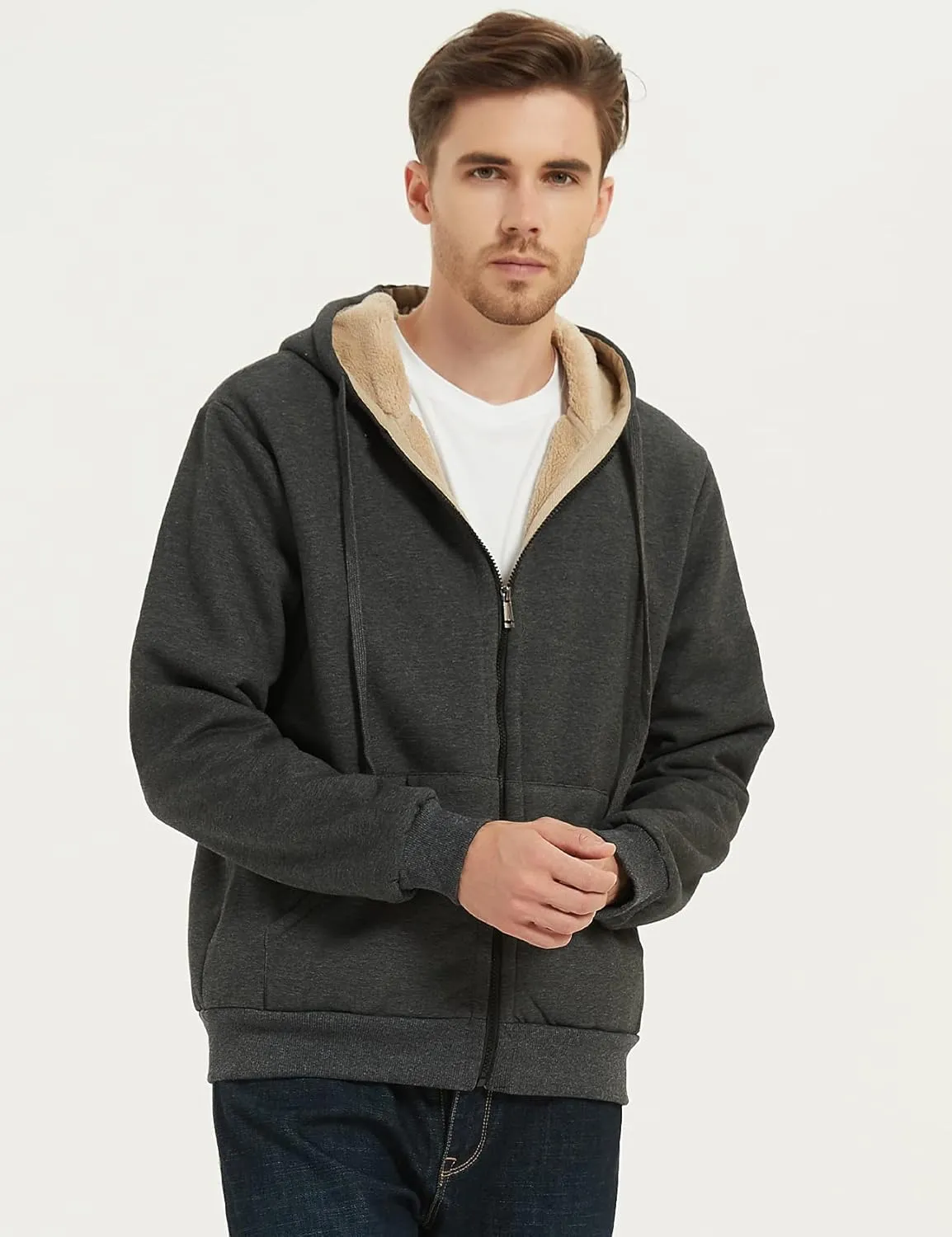 Flygo Men's Sherpa Hoodie Jacket Fleece Lined Zip Up Warm Hoodies Sweatshirt Winter Zipper Sweater Hooded Coat