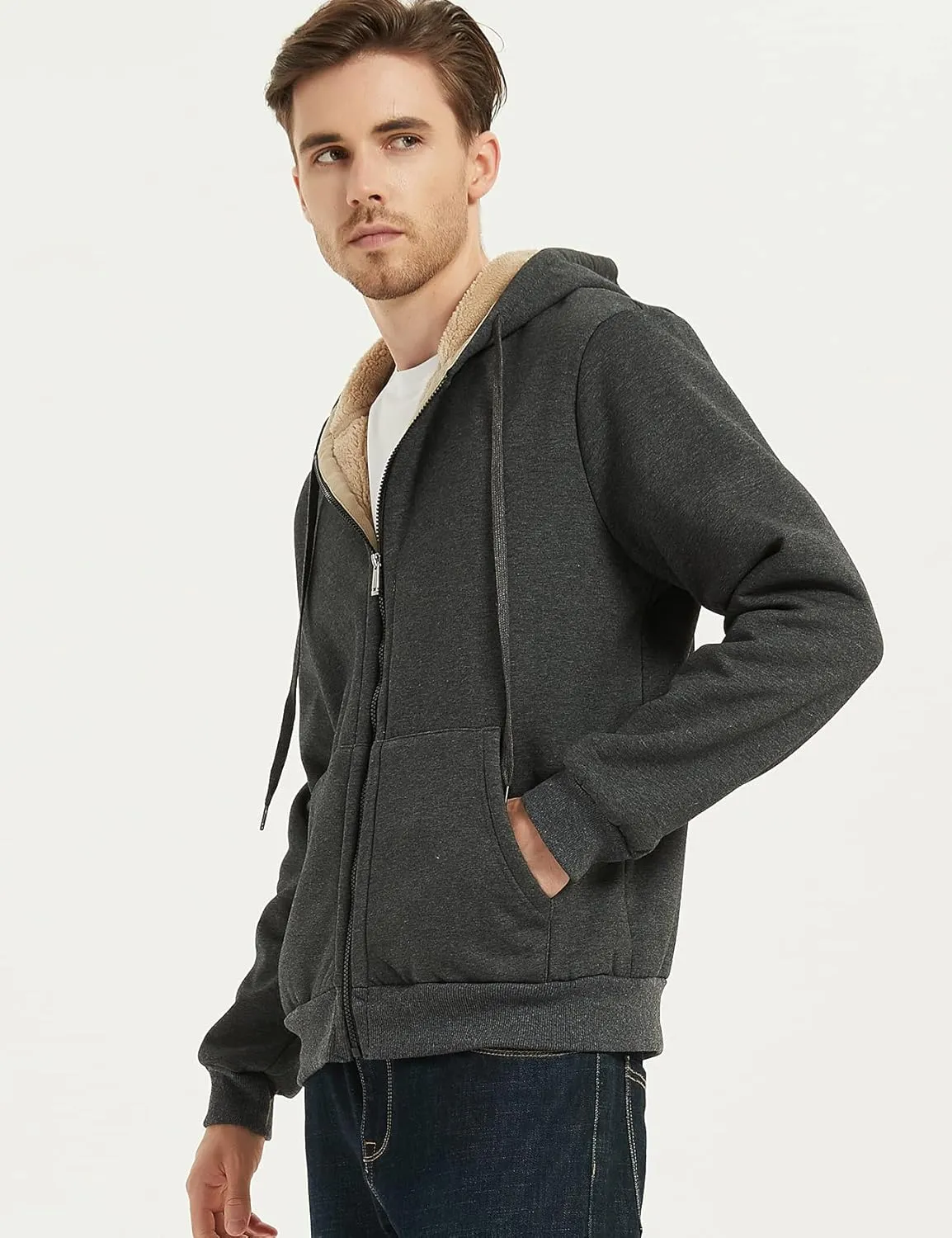 Flygo Men's Sherpa Hoodie Jacket Fleece Lined Zip Up Warm Hoodies Sweatshirt Winter Zipper Sweater Hooded Coat