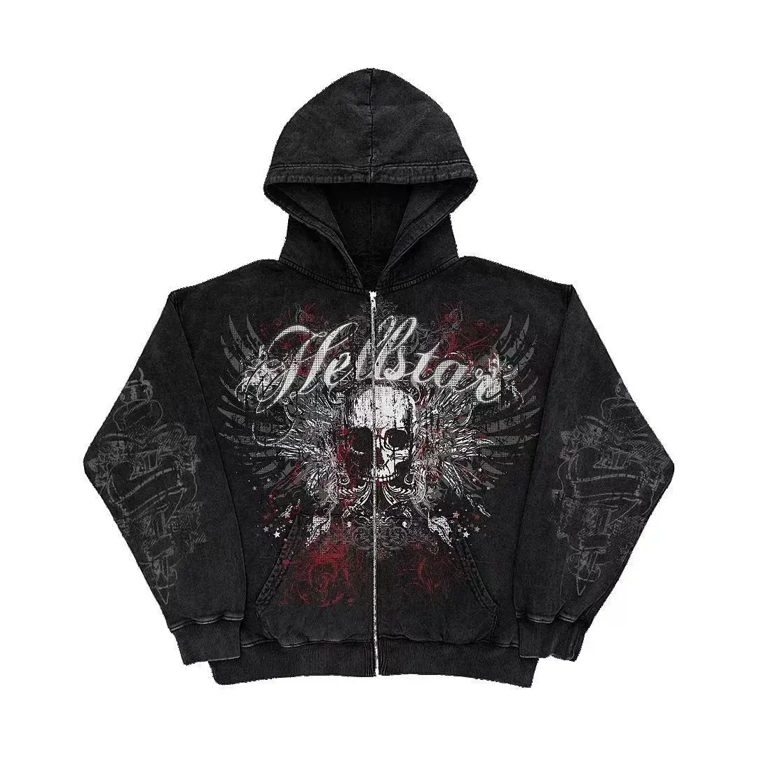 Flytonn-90s streetwear - American retro hoodie fashionable gothic skull print oversized hoodie for women Y2K street hip-hop casual clothes versatile