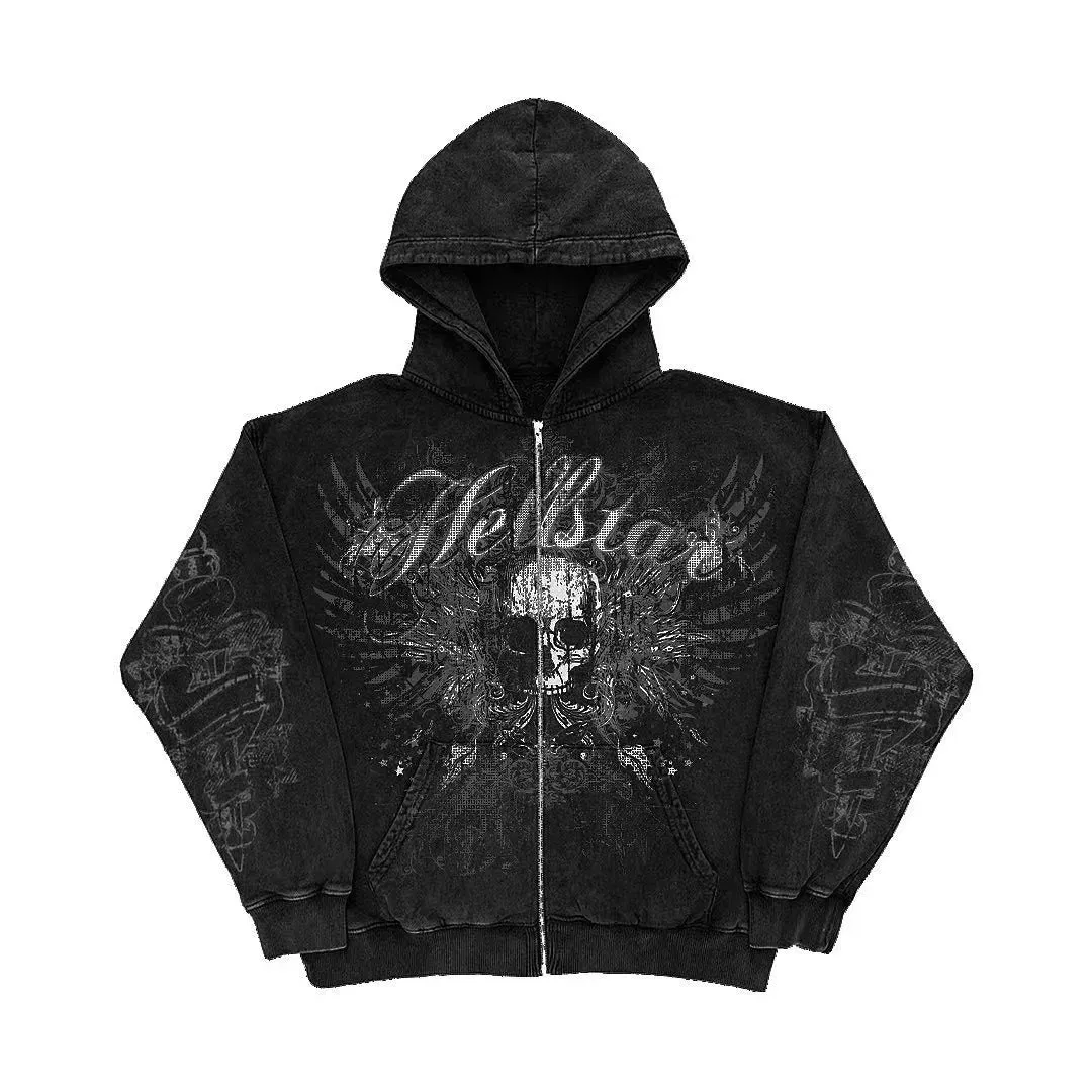 Flytonn-90s streetwear - American retro hoodie fashionable gothic skull print oversized hoodie for women Y2K street hip-hop casual clothes versatile