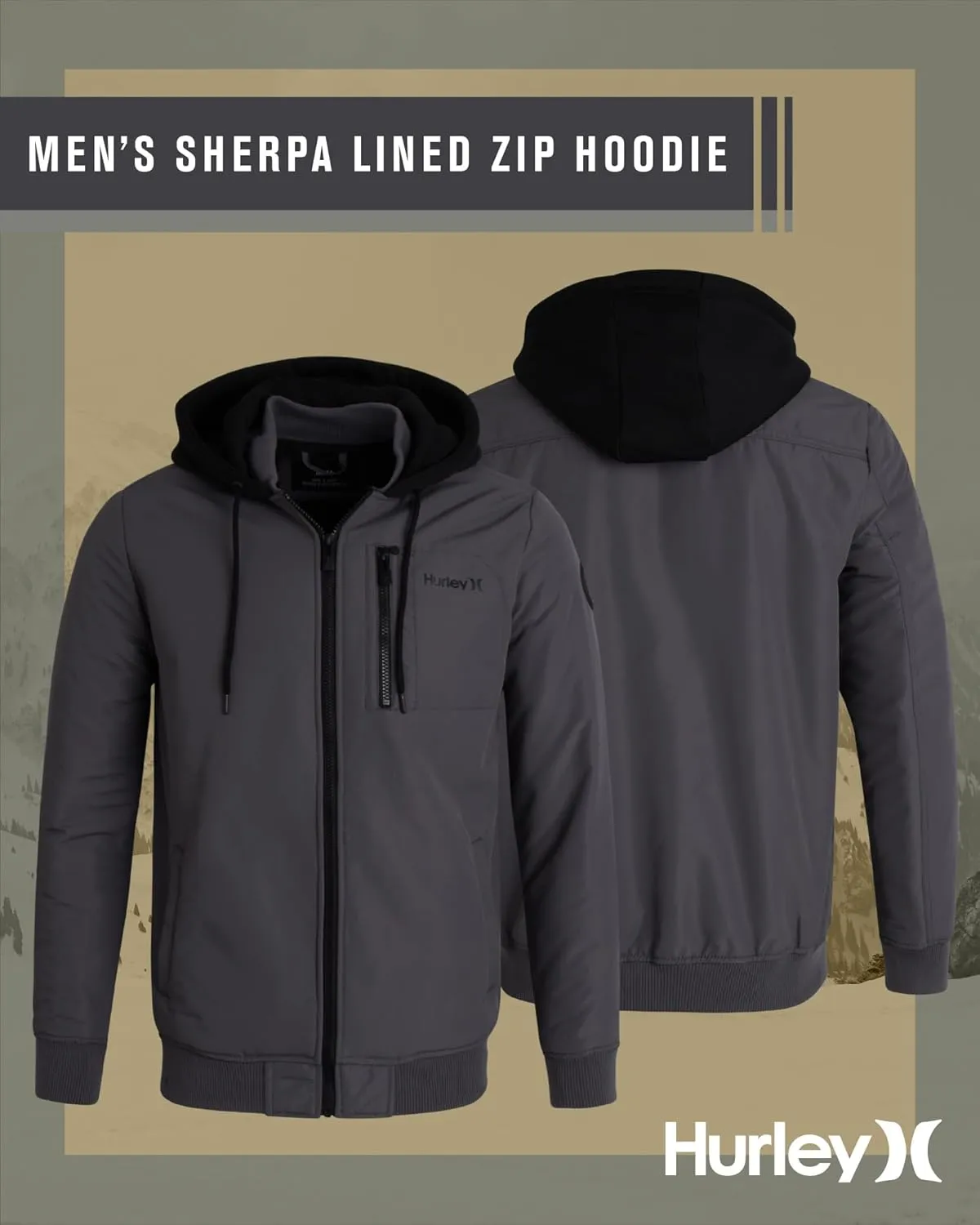 Hurley Men's Bomber Jacket - Cozy Skyler Sherpa Lined Full Zip Up Hoodie Jacket for Men - Casual Men's Jacket (S-XL)