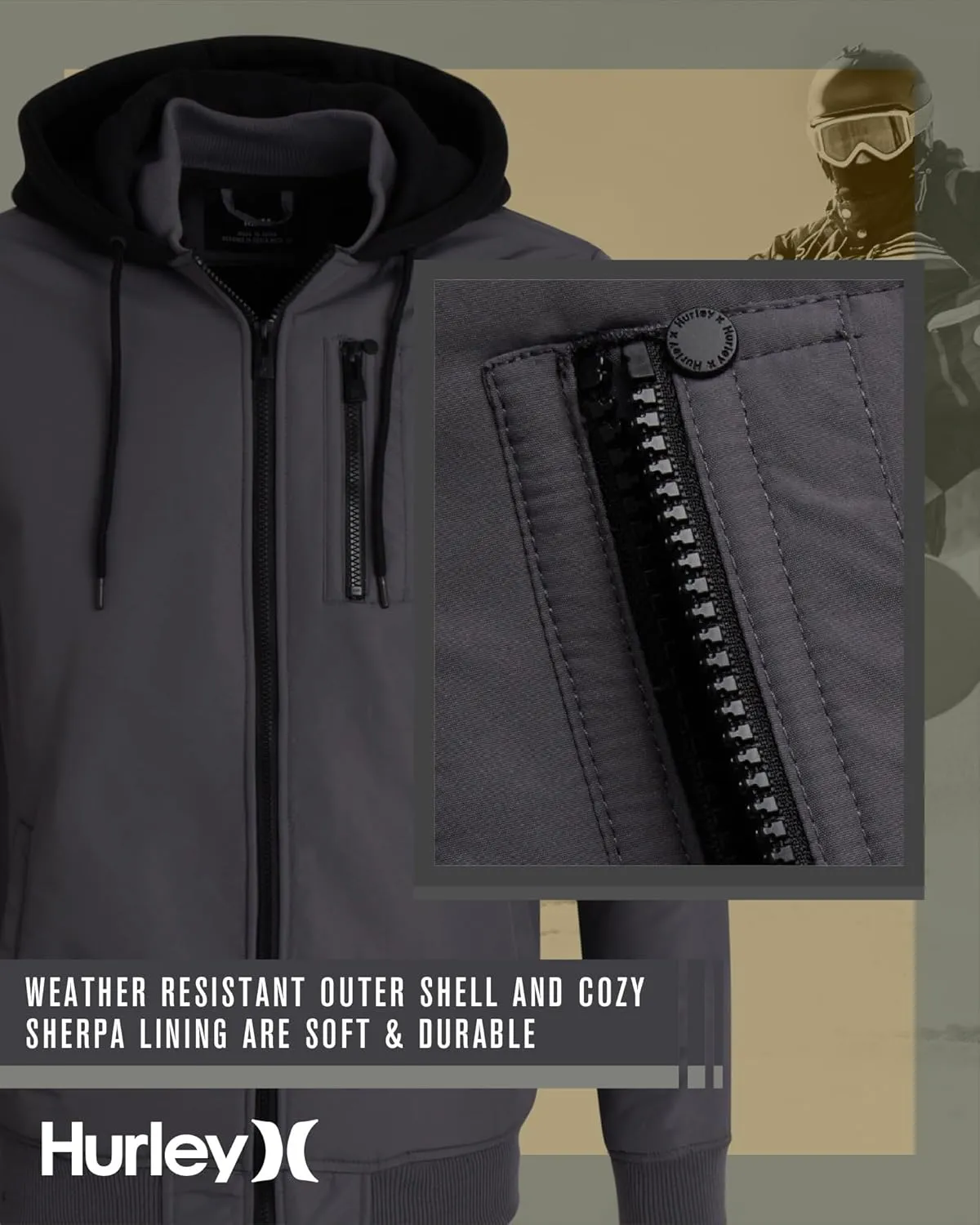 Hurley Men's Bomber Jacket - Cozy Skyler Sherpa Lined Full Zip Up Hoodie Jacket for Men - Casual Men's Jacket (S-XL)