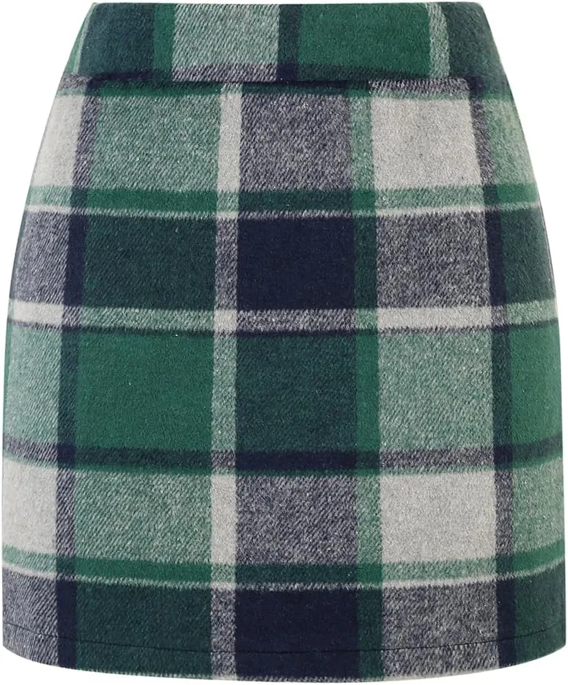 IDEALSANXUN Womens Wool Plaid Mini Skirt Fall Winter High Elastic Waist Short Pencil Skirt