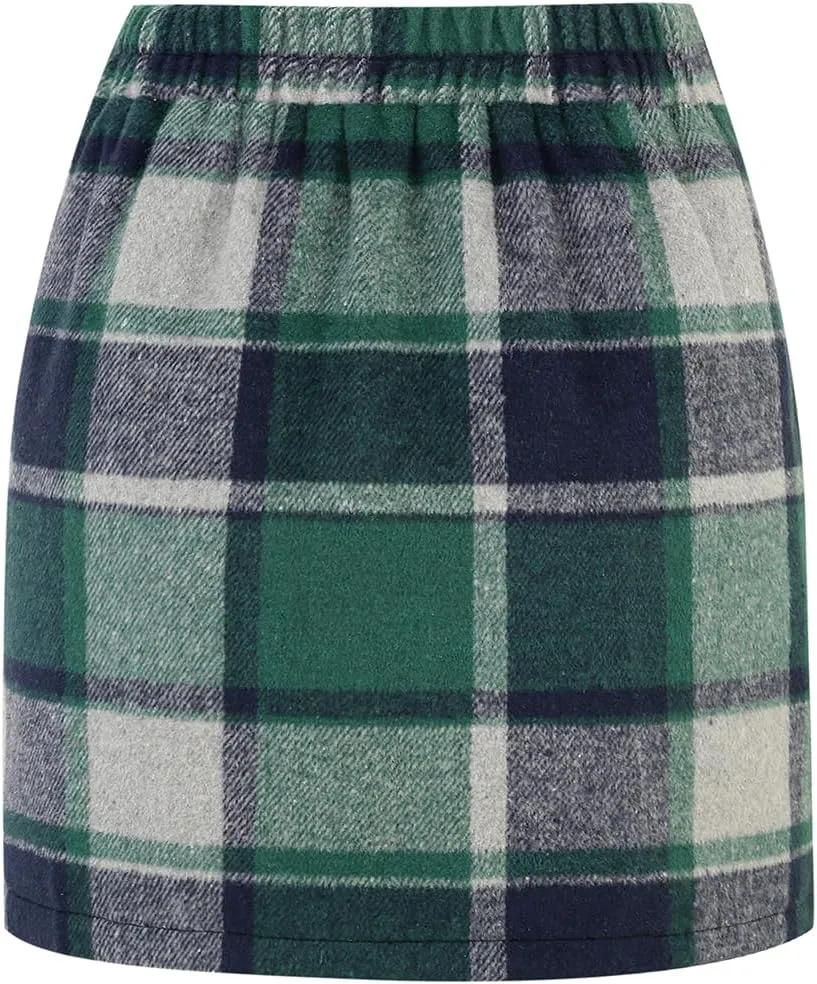 IDEALSANXUN Womens Wool Plaid Mini Skirt Fall Winter High Elastic Waist Short Pencil Skirt