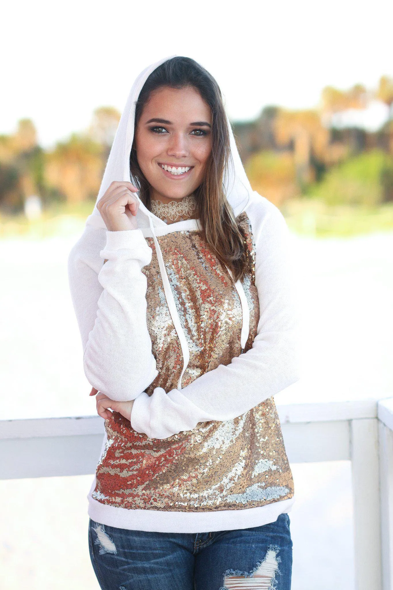 Ivory and Gold Sequined Hoodie