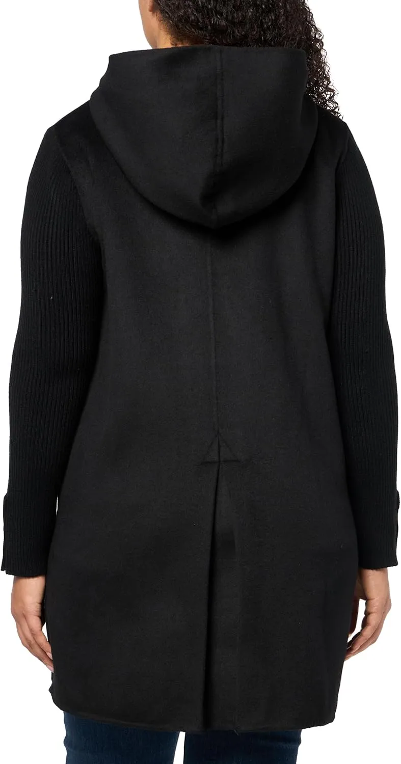 Kenneth Cole Women's Hooded Double Face Wool with Hidden Snap Closure and Rib Knit Sleeve Coat