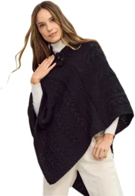 Ladies Cable Knit Poncho With Buttons