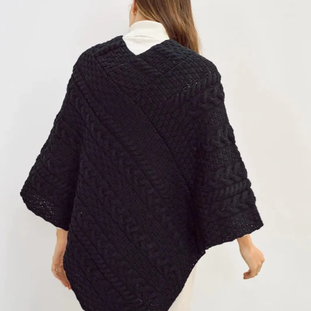 Ladies Cable Knit Poncho With Buttons