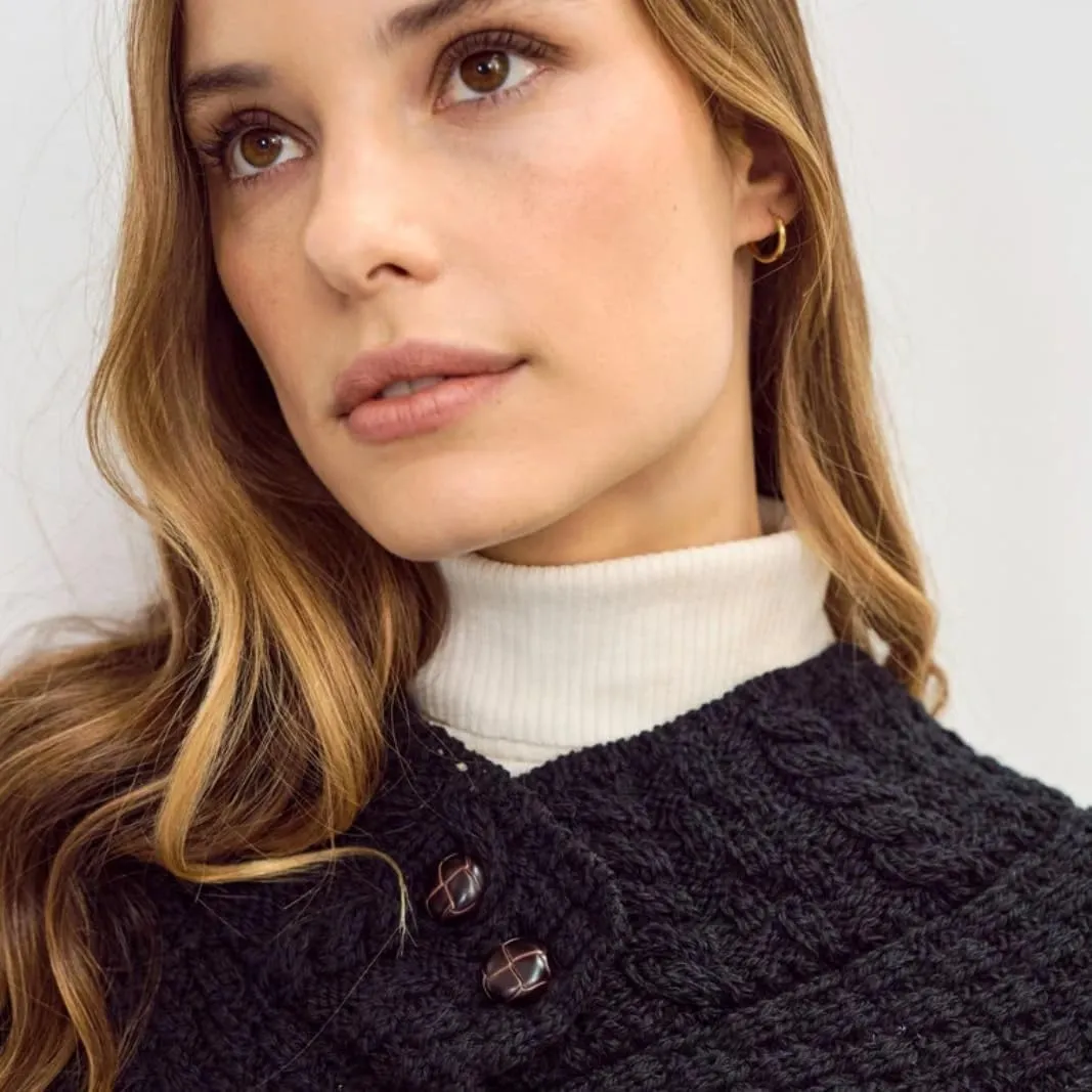 Ladies Cable Knit Poncho With Buttons