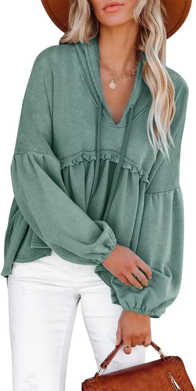 Limerose Womens Tunic Top Casual Long Sleeves Peplum Babydoll Ruffle Knit Hoodies Pullover