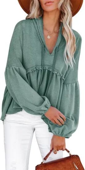 Limerose Womens Tunic Top Casual Long Sleeves Peplum Babydoll Ruffle Knit Hoodies Pullover