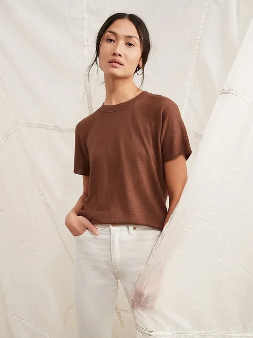 Linen-Blend Short-Sleeve Sweater in Brownie Batter