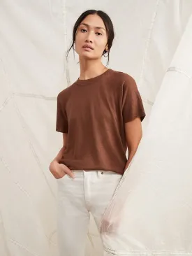 Linen-Blend Short-Sleeve Sweater in Brownie Batter