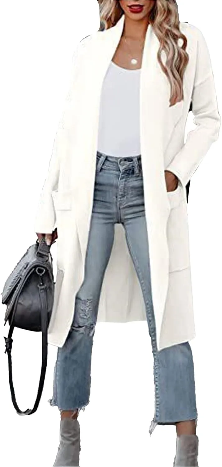 Maiyifu-GJ Women's Long Wool Blend Cardigan Sweaters Long Sleeve Lapel Casual Trench Coat Spring Fall Long Jacket Overcoat