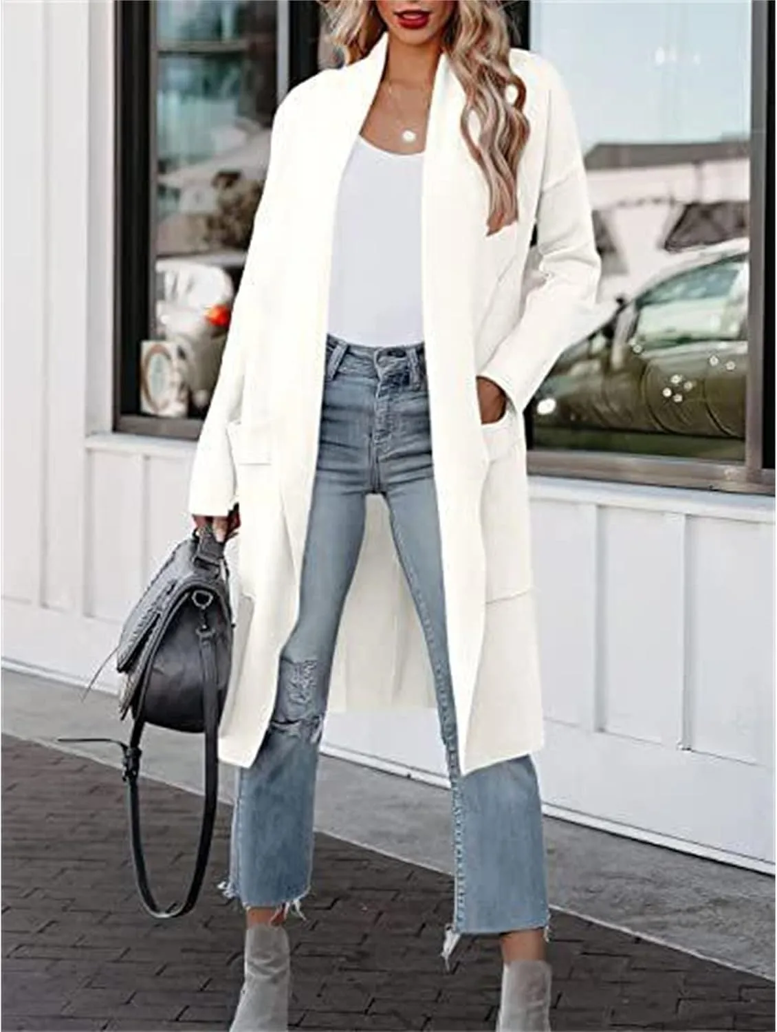 Maiyifu-GJ Women's Long Wool Blend Cardigan Sweaters Long Sleeve Lapel Casual Trench Coat Spring Fall Long Jacket Overcoat
