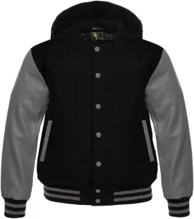 Man's Varsity Hoodie Letterman Wool & All Colour Genuine Cowhide Leather Sleeves Bomber Style Baseball Hood