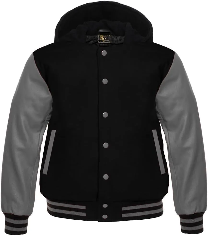 Man's Varsity Hoodie Letterman Wool & All Colour Genuine Cowhide Leather Sleeves Bomber Style Baseball Hood