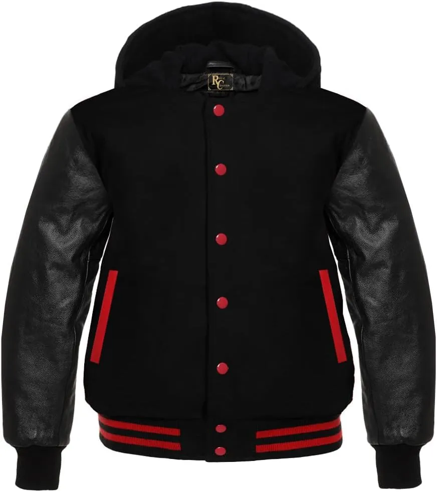 Man's Varsity Hoodie Letterman Wool & All Colour Genuine Cowhide Leather Sleeves Bomber Style Baseball Hood