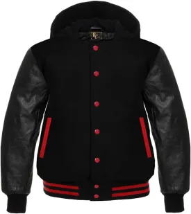 Man's Varsity Hoodie Letterman Wool & All Colour Genuine Cowhide Leather Sleeves Bomber Style Baseball Hood